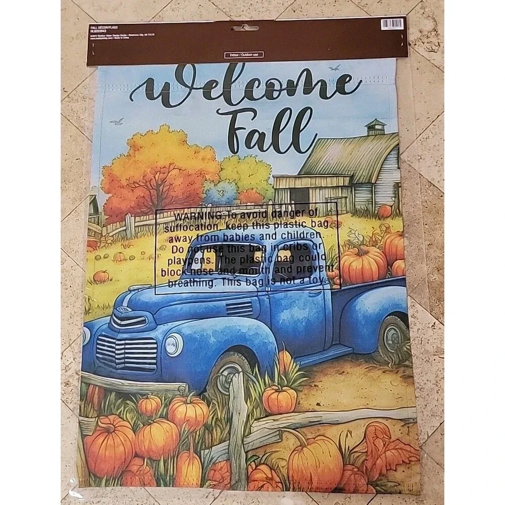Welcome Fall Garden Flag Blue Vintage Truck Pumpkins Autumn Yard Decor Seasonal